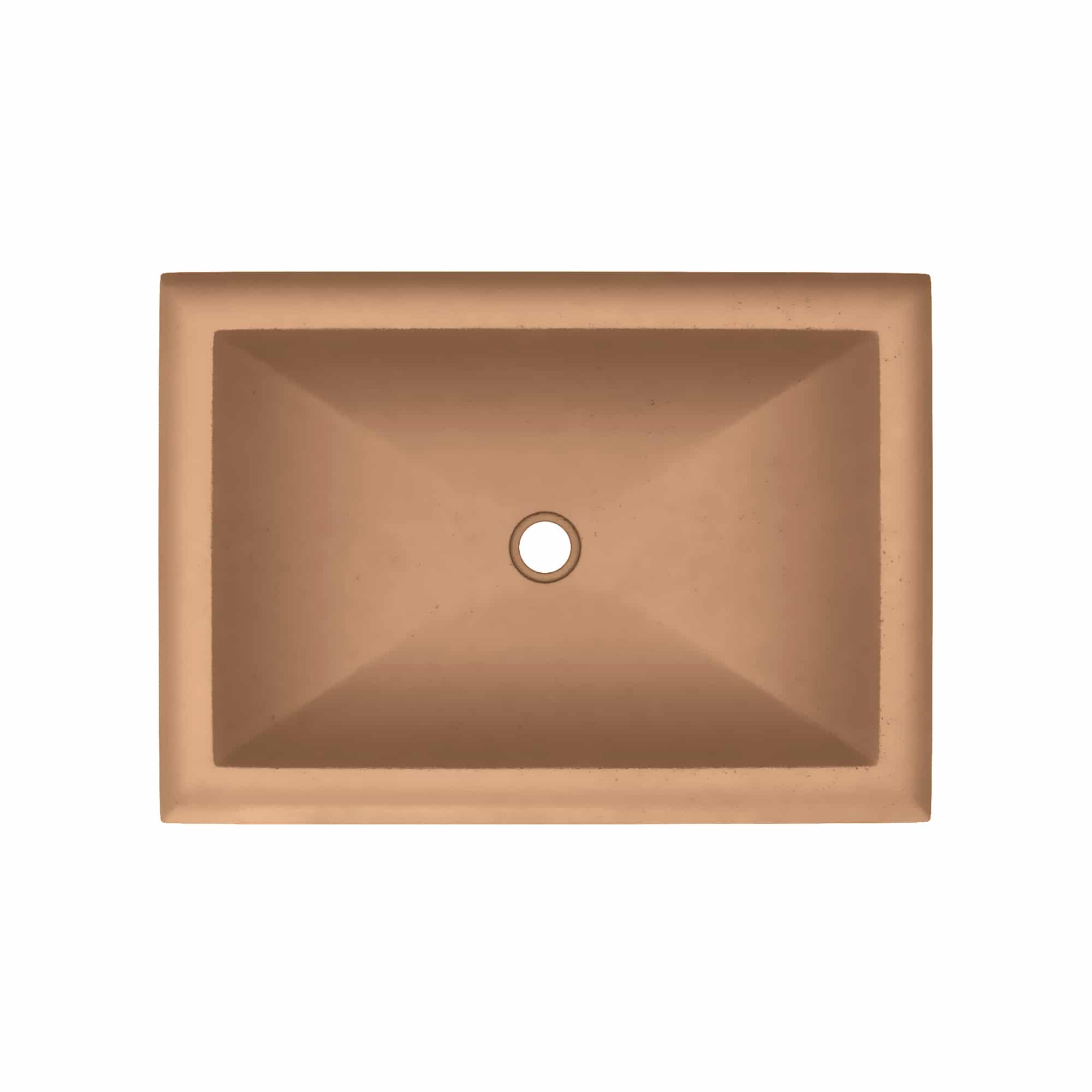 Terracotta rectangular undermount sink with tapered bowl and single drain hole.