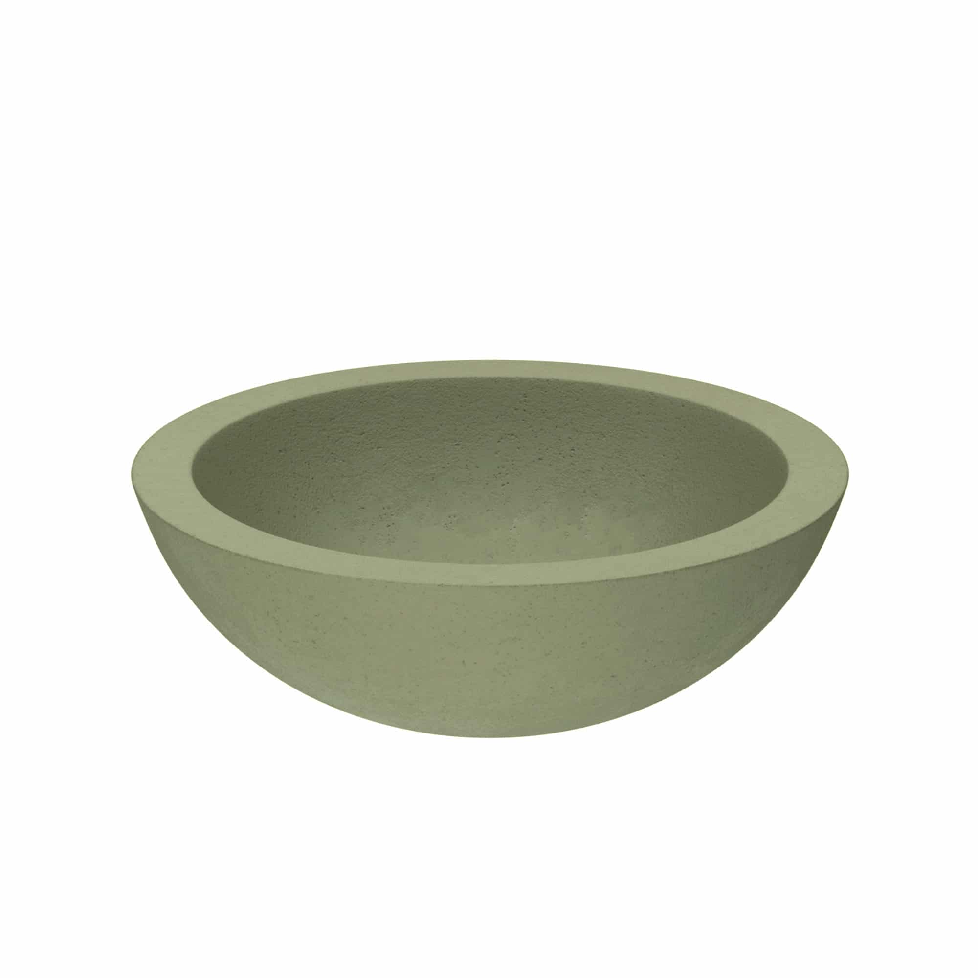 Sage green concrete vessel sink with rounded bowl shape and smooth interior.