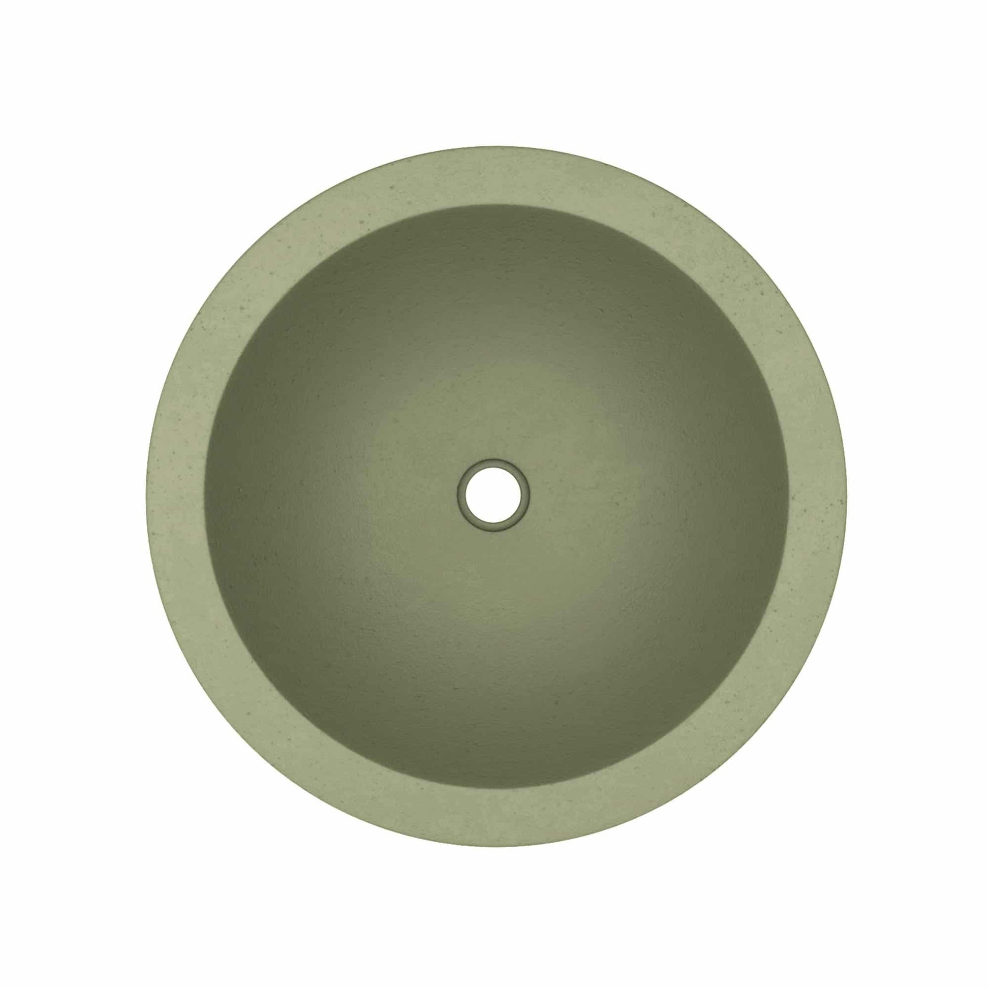Sage green round sink with centered drain hole, viewed from above.