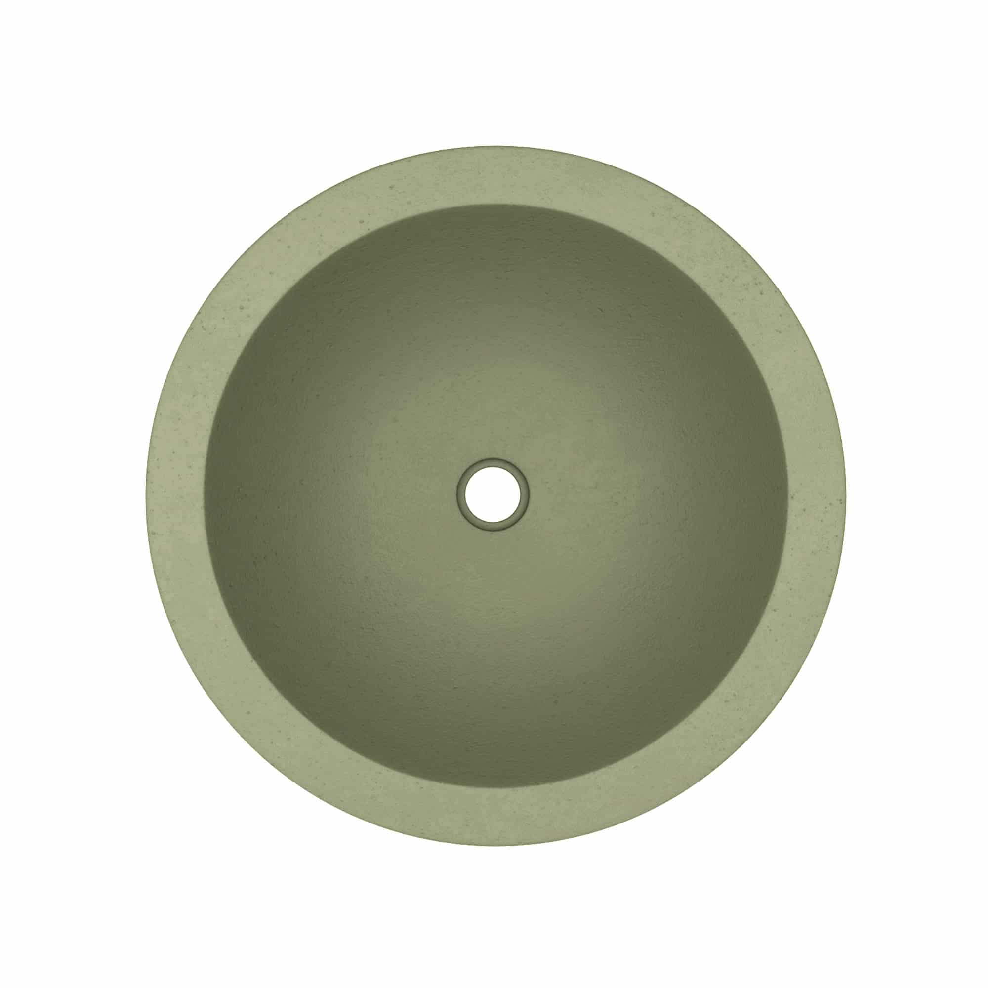 Sage green round sink with centered drain hole, viewed from above.