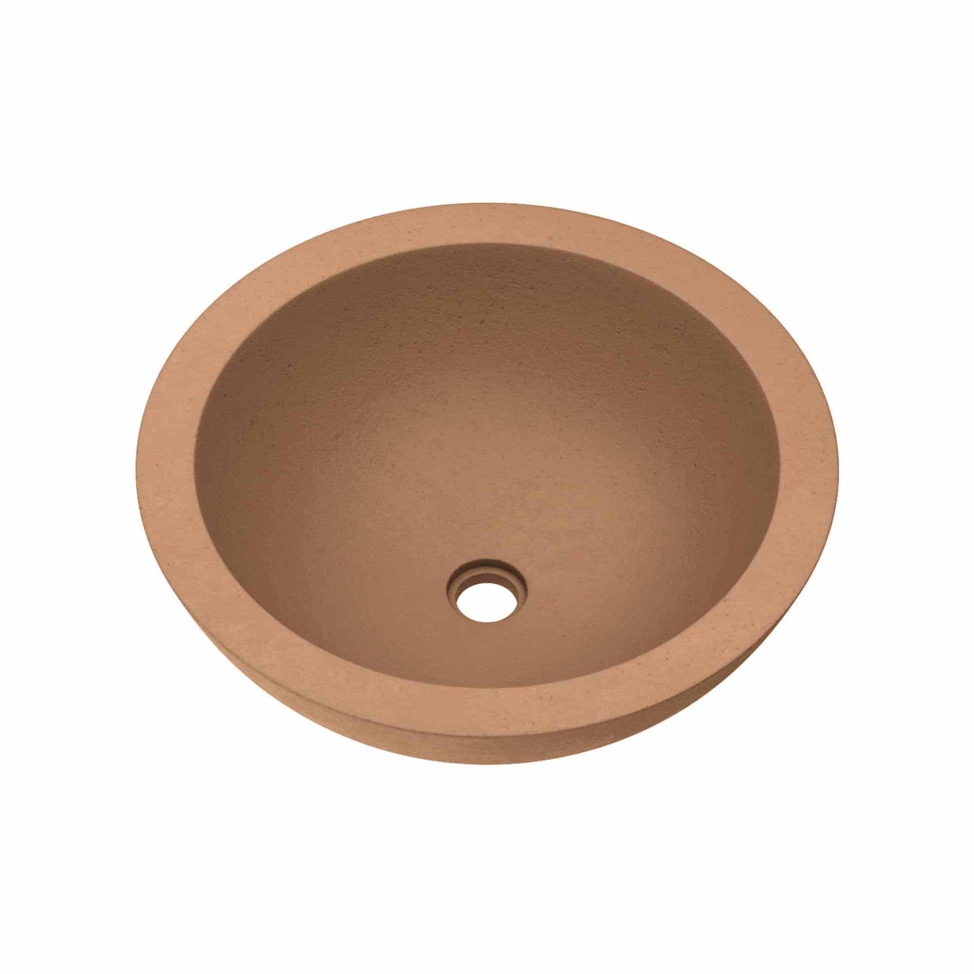 Terracotta-colored round undermount sink with curved bowl and centered drain hole.