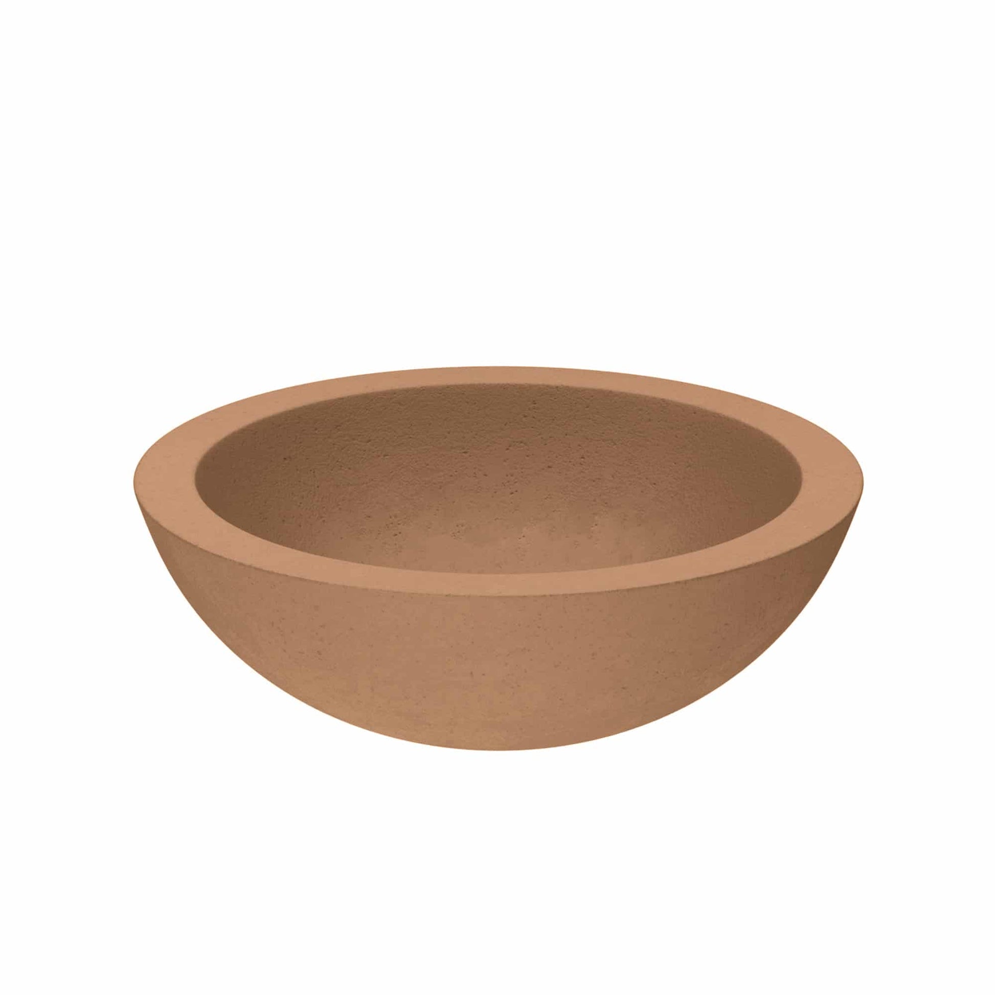 Terracotta-colored round vessel sink with curved bowl shape and rim.