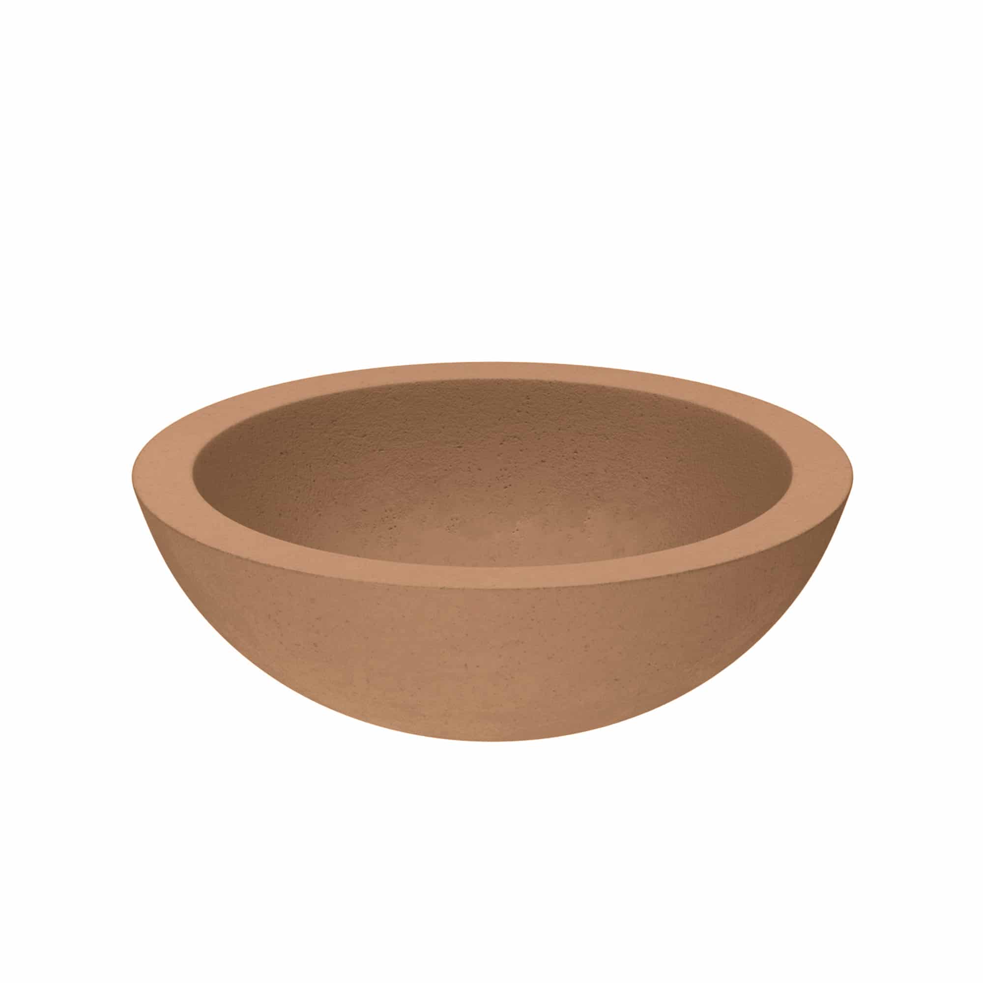 Terracotta-colored round vessel sink with curved bowl shape and rim.