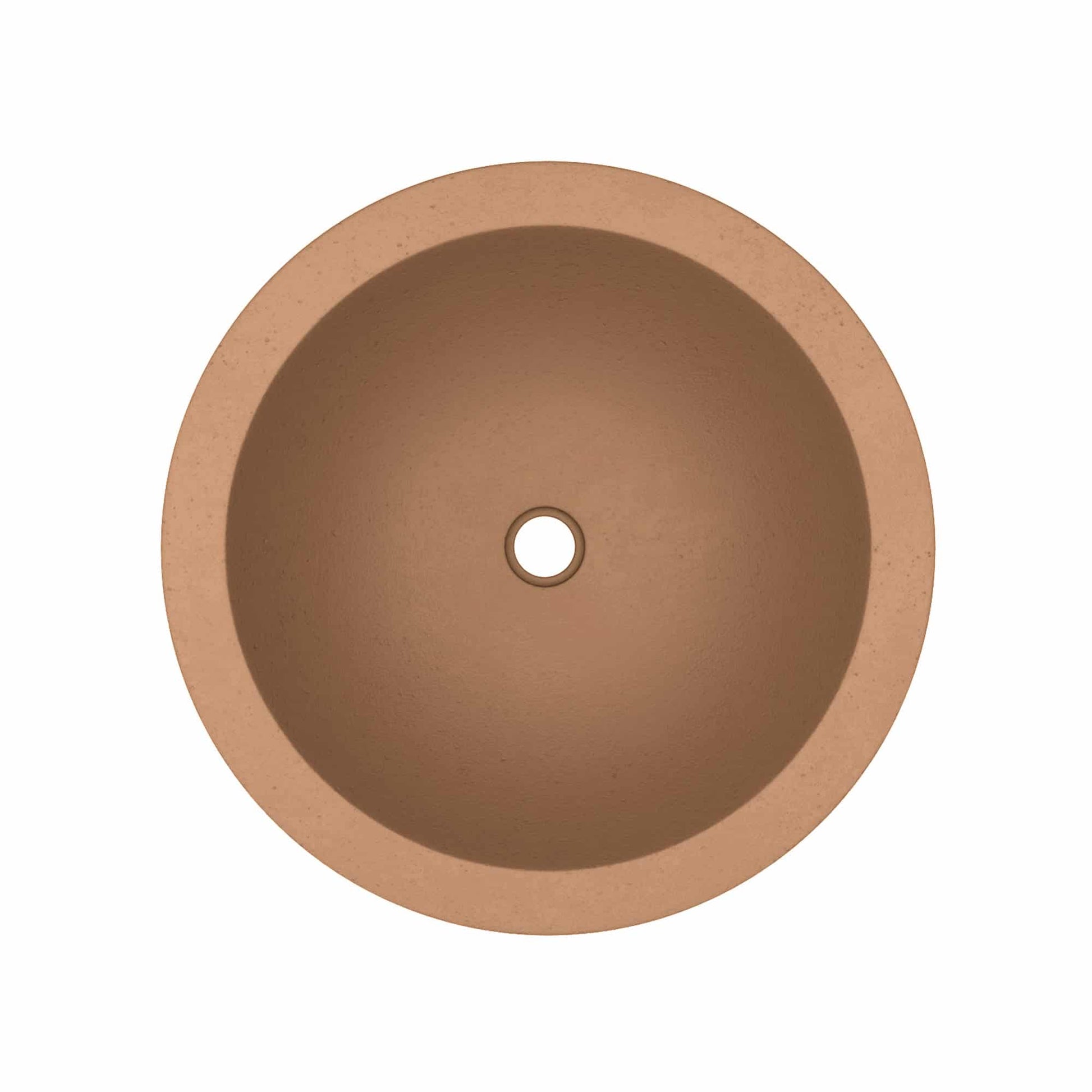Terracotta round sink with centered drain hole, viewed from above.