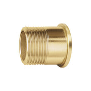 Brass threaded fitting with ridged male connector on left side and smooth cylindrical end on right side.