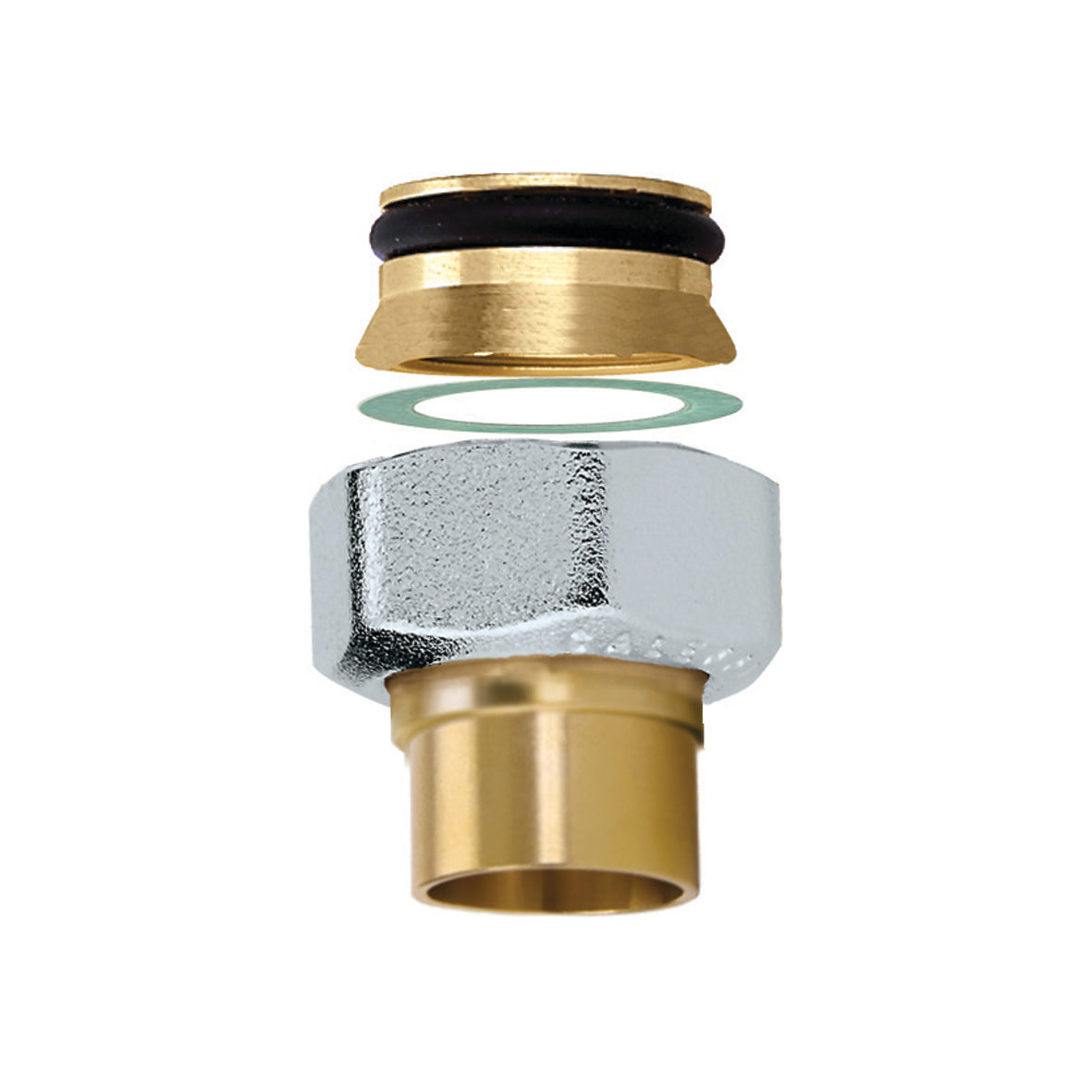 Brass adapter kit with chrome nut, rubber washer, and green seal ring displayed in exploded view.