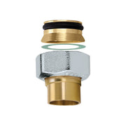 Brass adapter kit with chrome nut, rubber washer, and green seal ring displayed in exploded view.