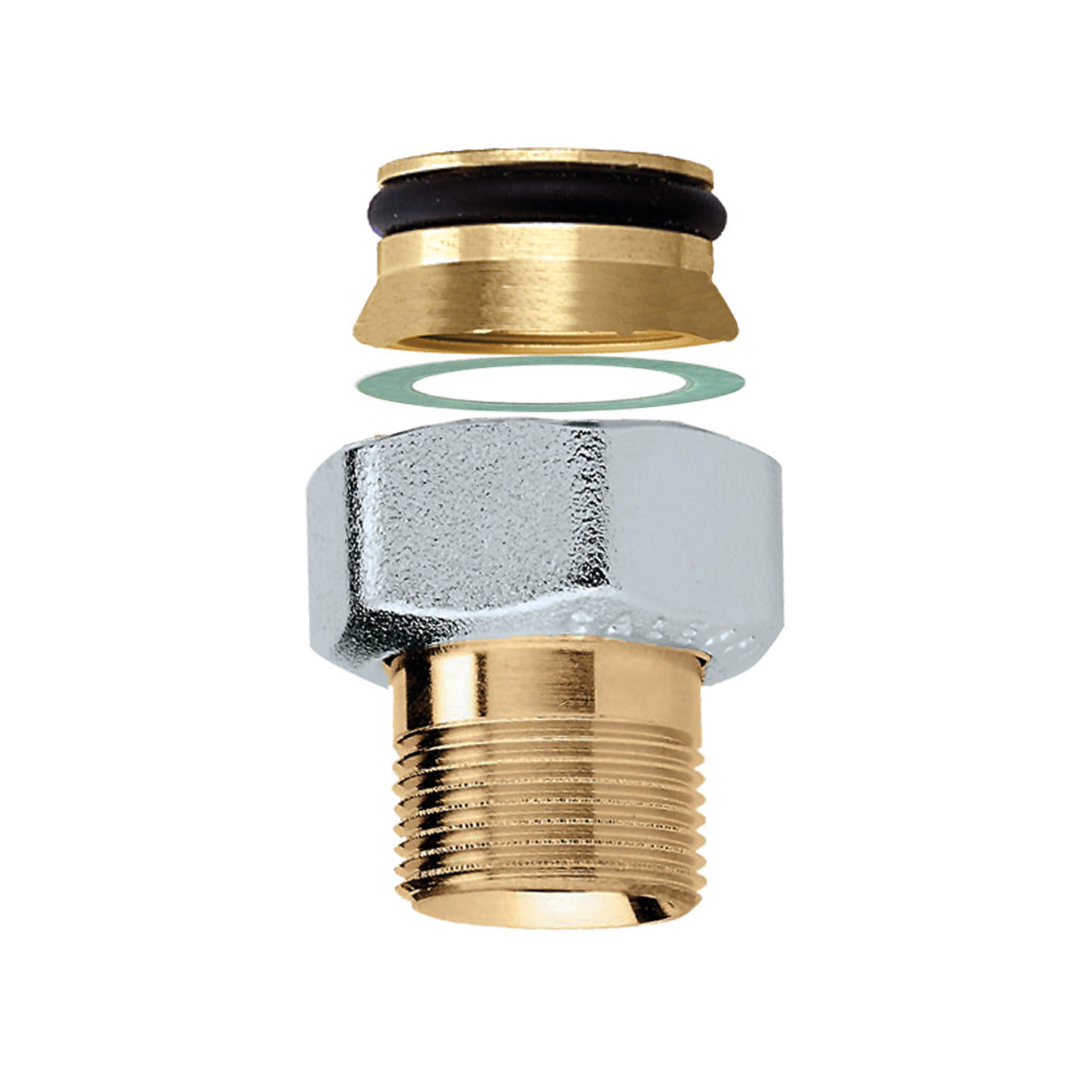 Brass adapter kit with conic connection, NPT threaded male end, and included washers and sealing ring, shown disassembled.