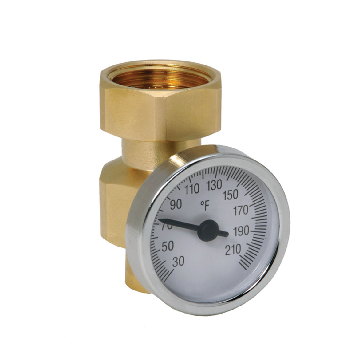 Brass gauge adapter with attached Fahrenheit thermometer displaying temperature range 30-210 degrees.