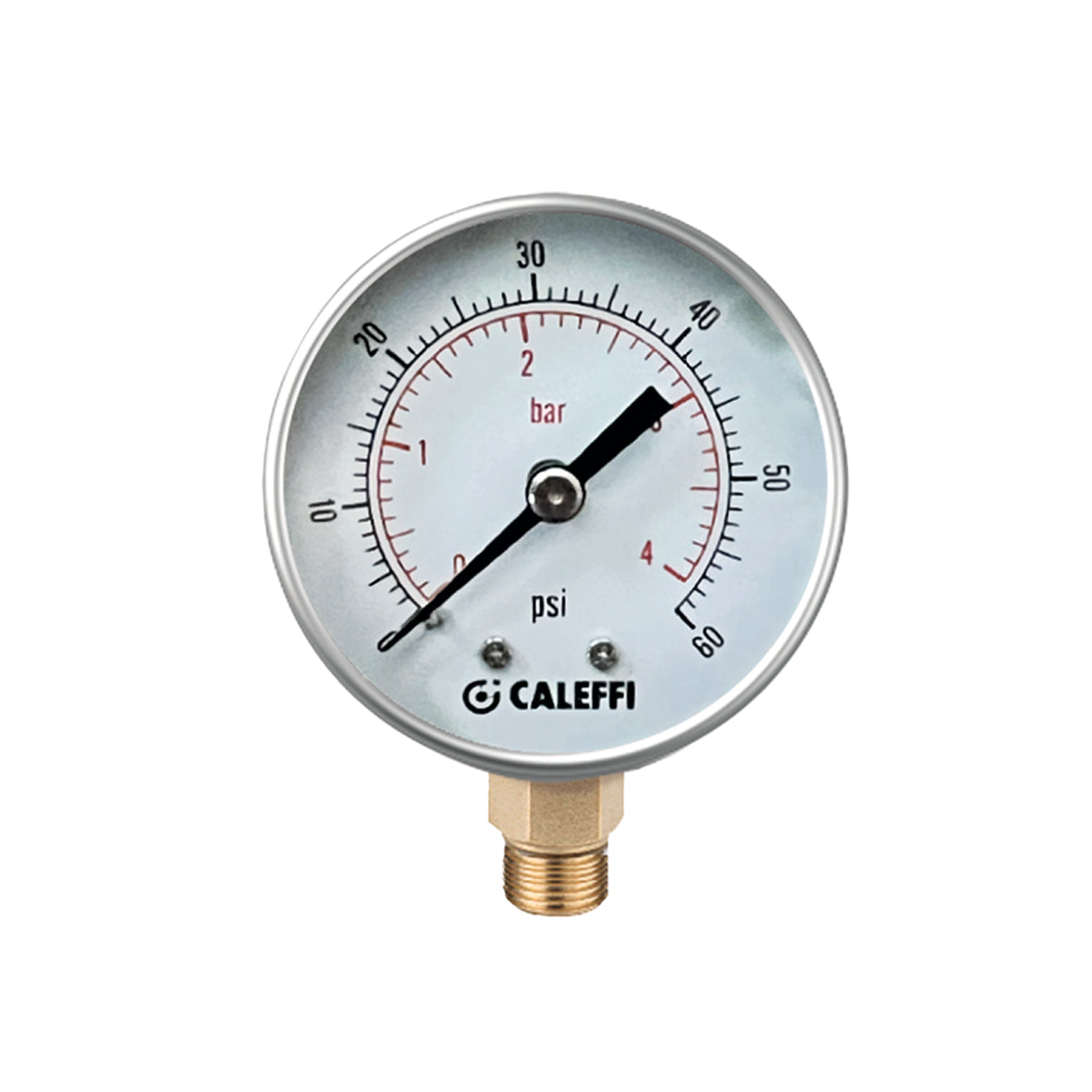 Caleffi pressure gauge with dial face showing 0-100 psi and 0-6 bar scales, brass connection fitting.