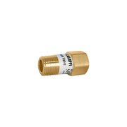 Brass inline check valve with NPT threaded connection on one end and female socket on the other, labeled with Caleffi brand m