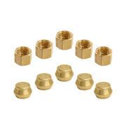Five brass fittings arranged in two rows: hexagonal nuts with internal threads on top, dome-shaped plugs below.