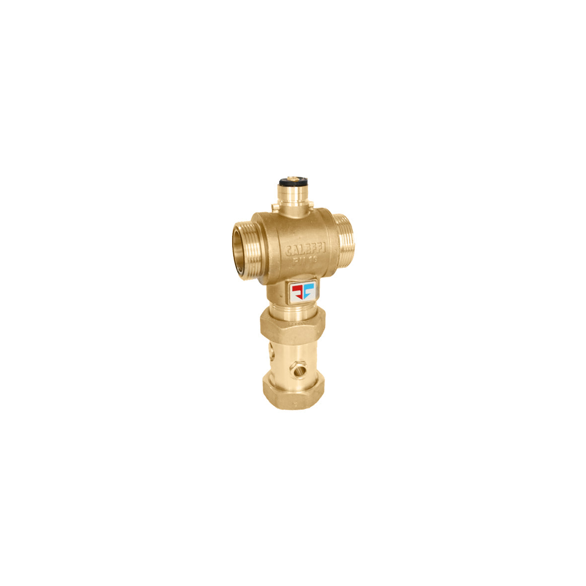 Brass thermostatic mixing valve with threaded connections and adjustment stem on top.