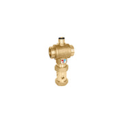 Brass thermostatic mixing valve with threaded connections and adjustment stem on top.