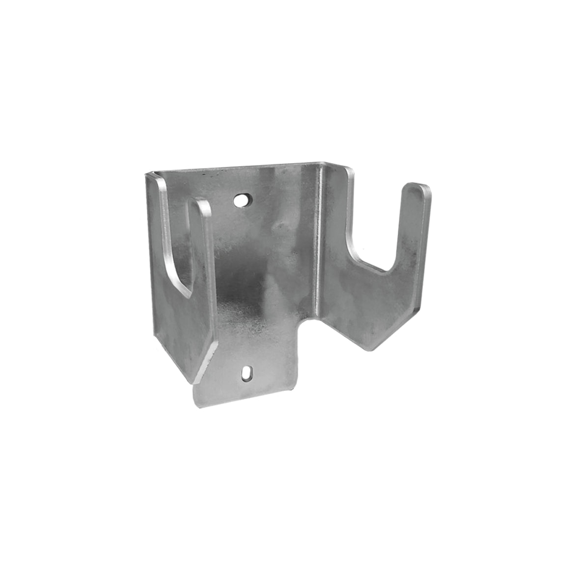 Metal support bracket with U-shaped channel, mounting holes, and curved sides for securing pipe unions.