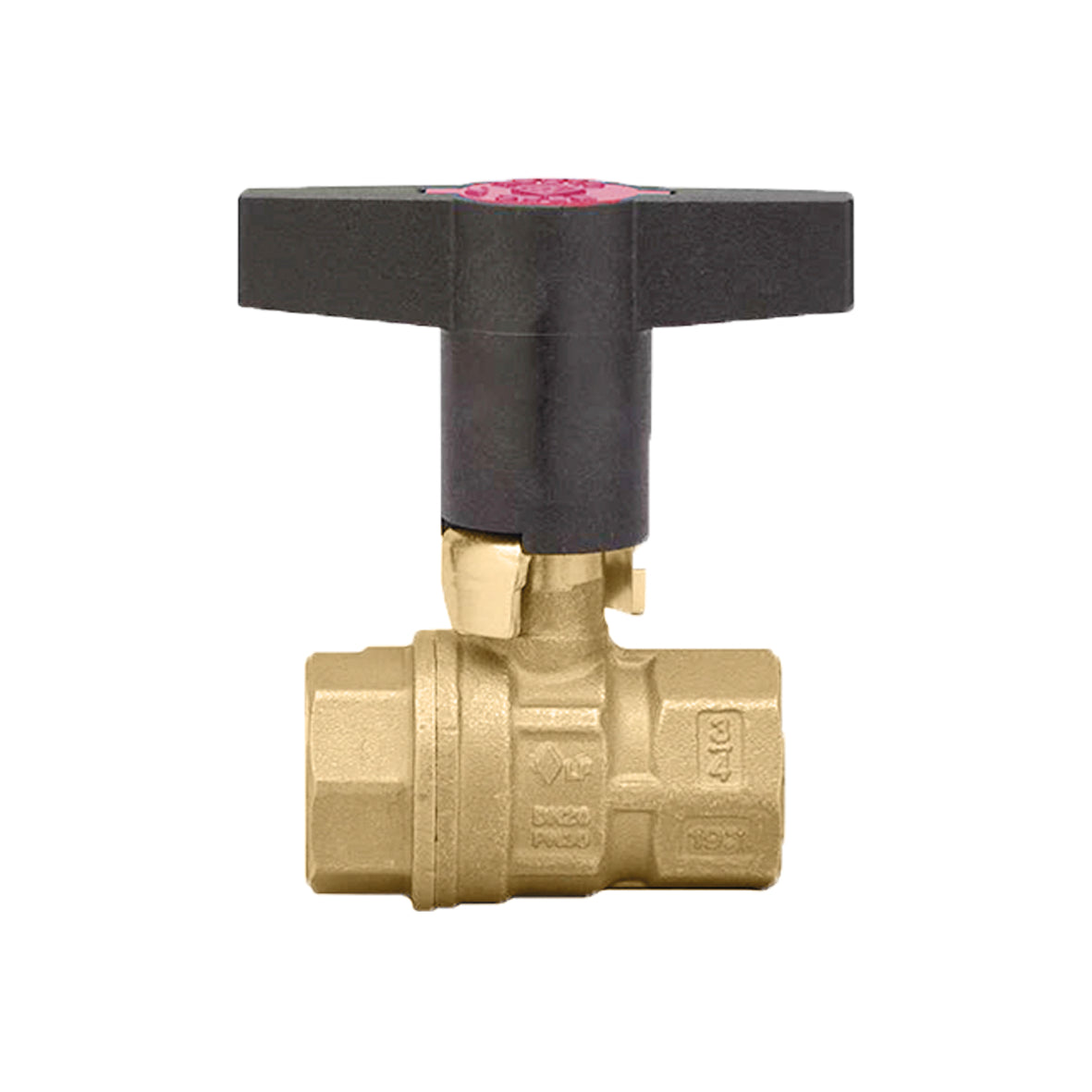 Brass ball valve with black T-handle and pink top marking, female NPT connections on both ends.
