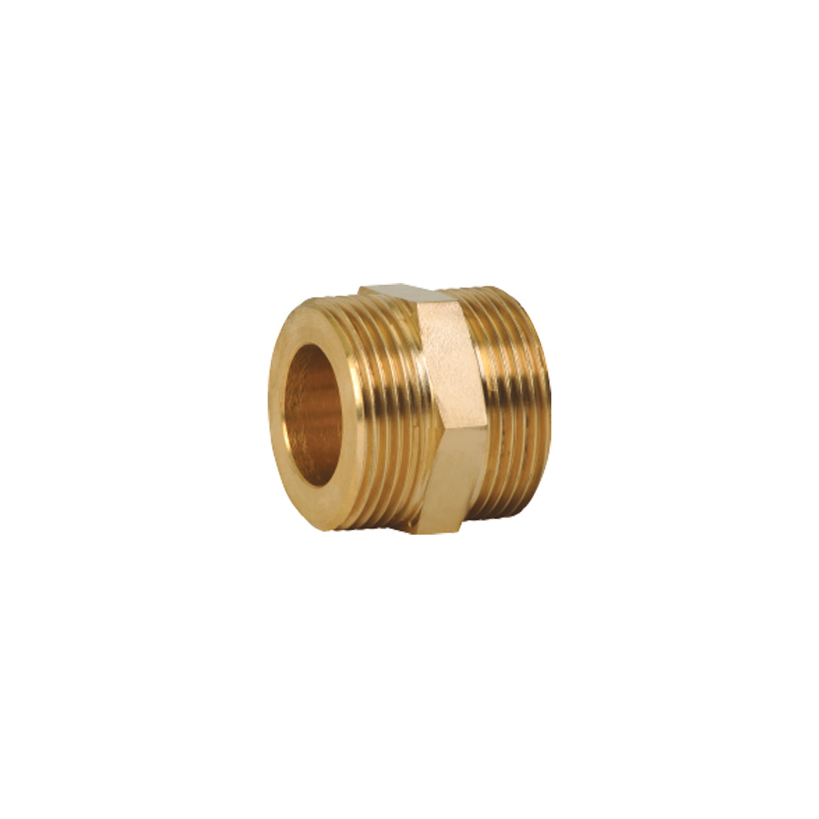 Brass double nipple fitting with threaded connections on both ends and hexagonal center section.