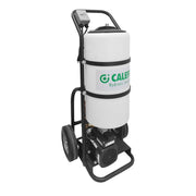 Black hose attached to white cylindrical Caleffi hydronic system tank with black frame and wheels.