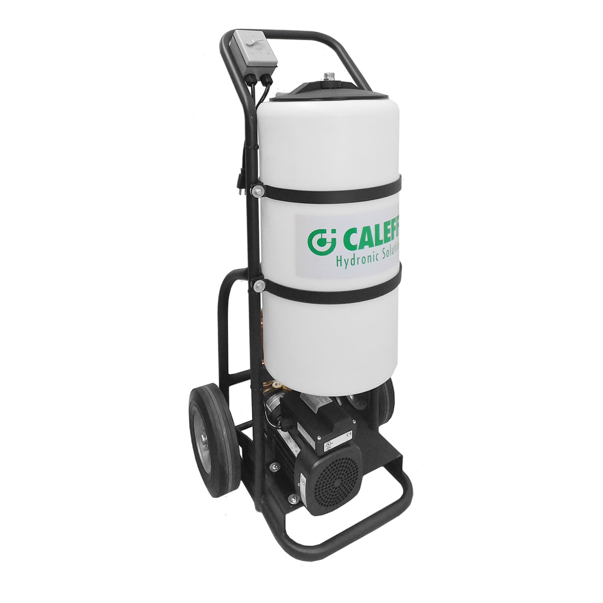 Black hose attached to white cylindrical Caleffi hydronic system tank with black frame and wheels.