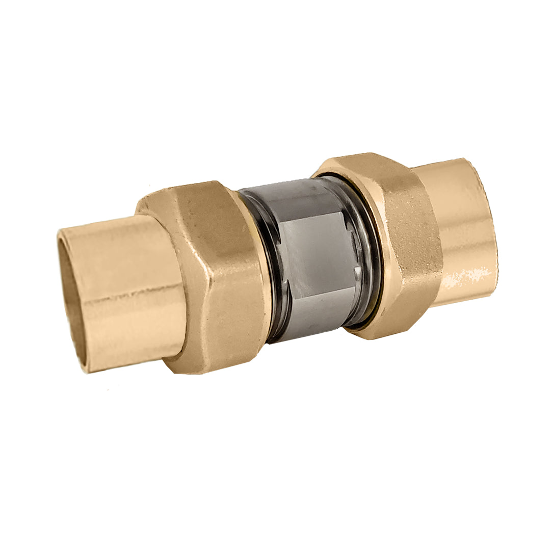 Brass check valve with sweat connections, gray internal mechanism visible through center chamber with black sealing rings.
