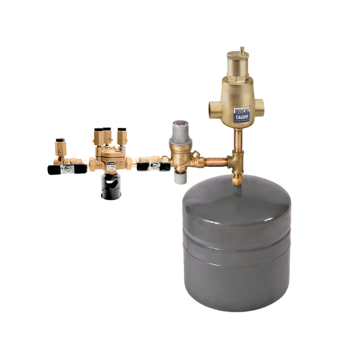 Brass boiler trim kit with gray expansion tank, backflow preventer, gauges, and multiple valve connections.