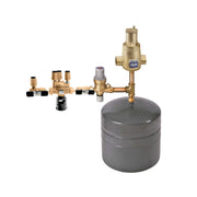 Brass boiler trim kit with gray expansion tank, valve assembly, and backflow preventer connected by copper tubing.