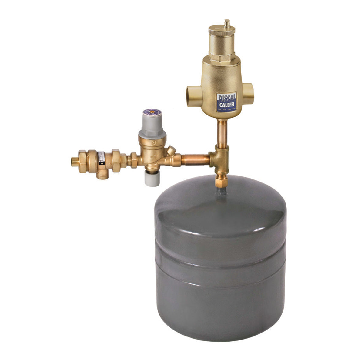 Brass boiler trim kit with gray expansion tank, pressure relief valve, and backflow preventer assembly.