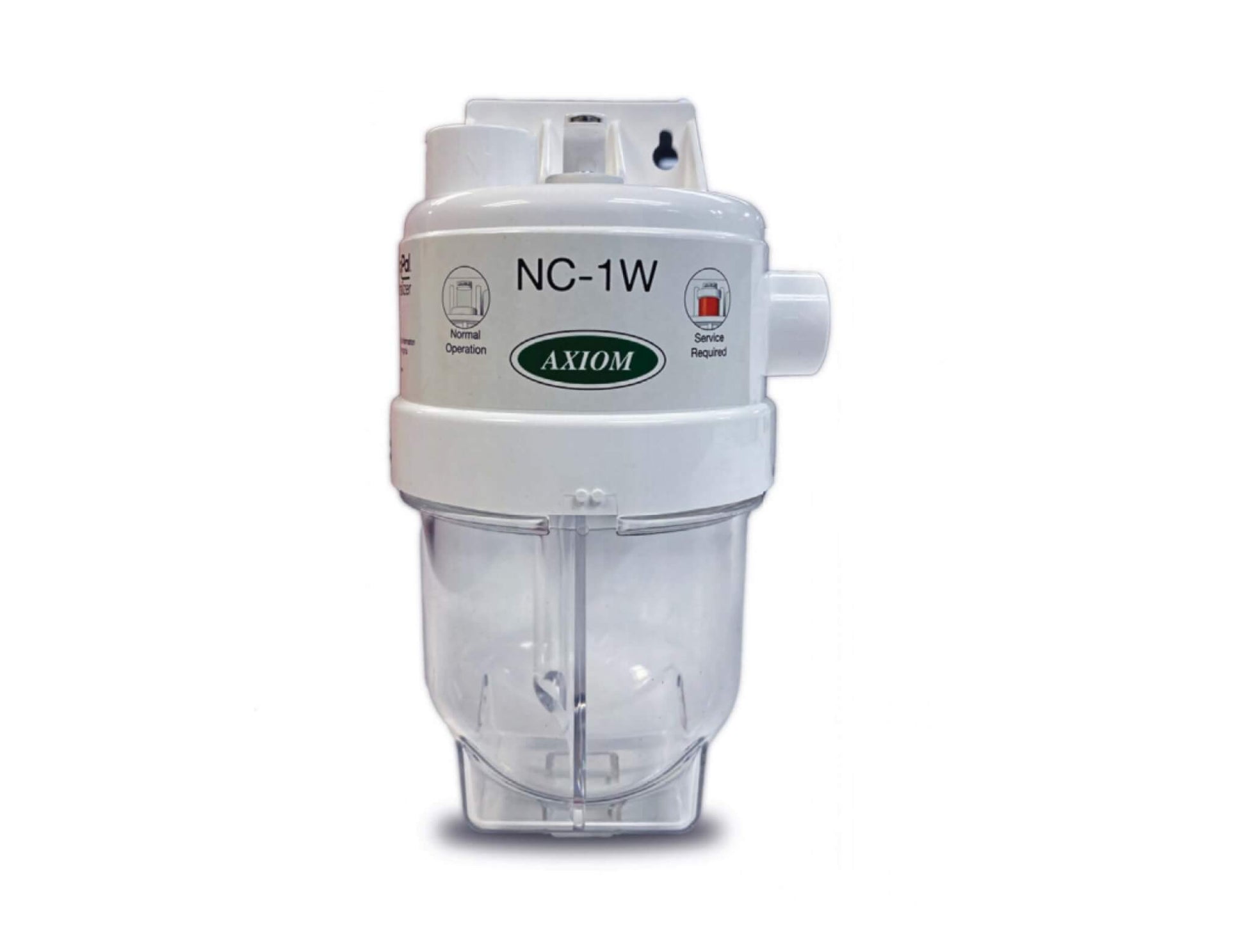 Noritz NC-1W condensate neutralizer kit with white housing, clear collection chamber, and side outlet connection port.