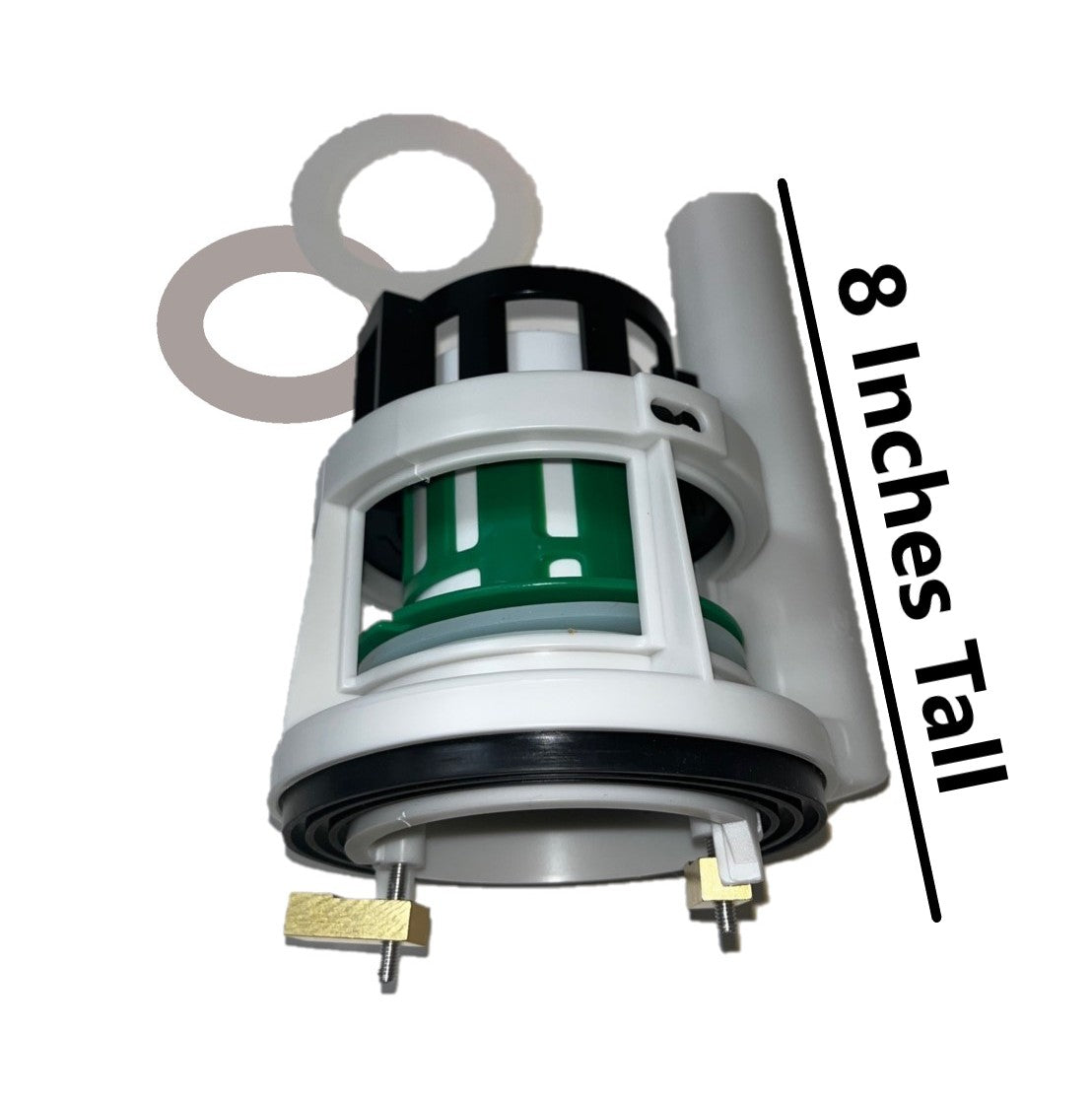 White and black toilet seat lid with green panel interior, gray mounting rings, and attachment hardware.