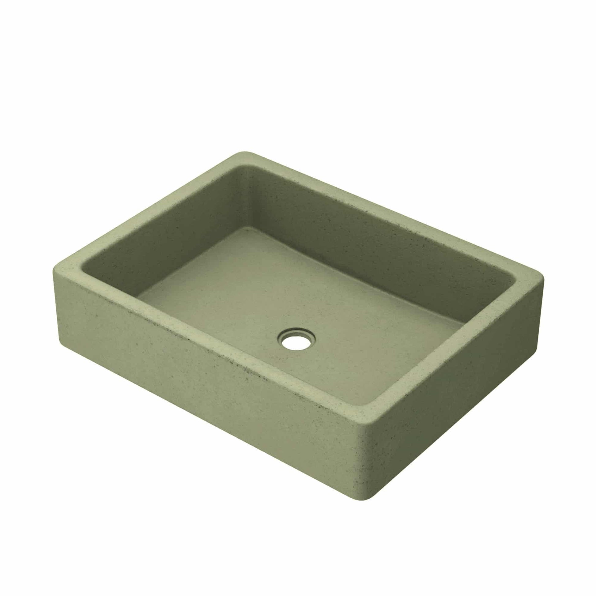 Sage green rectangular concrete sink with single drain hole and sloped interior walls.