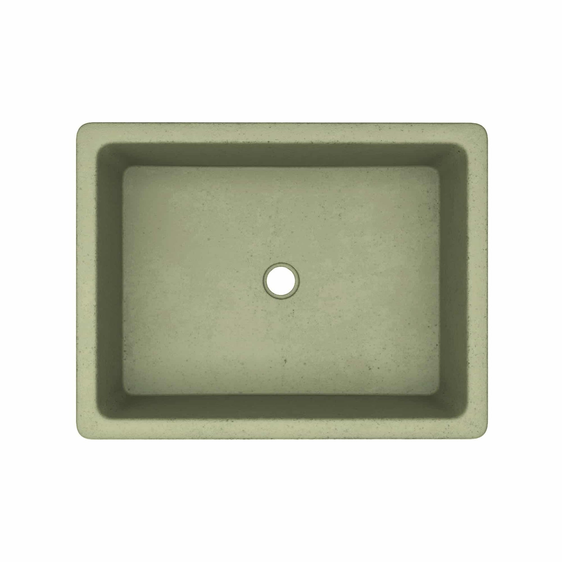 Sage-colored rectangular undermount sink with single faucet hole, viewed from above.