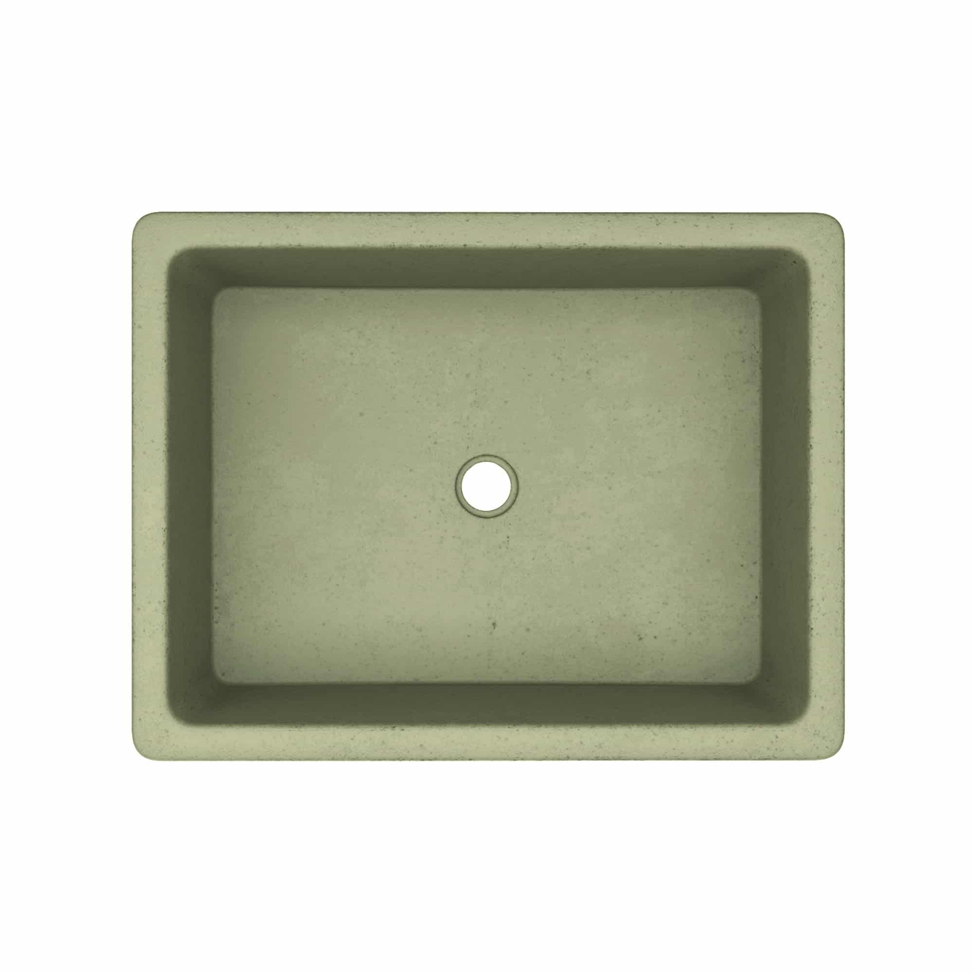 Sage-colored rectangular undermount sink with single faucet hole, viewed from above.