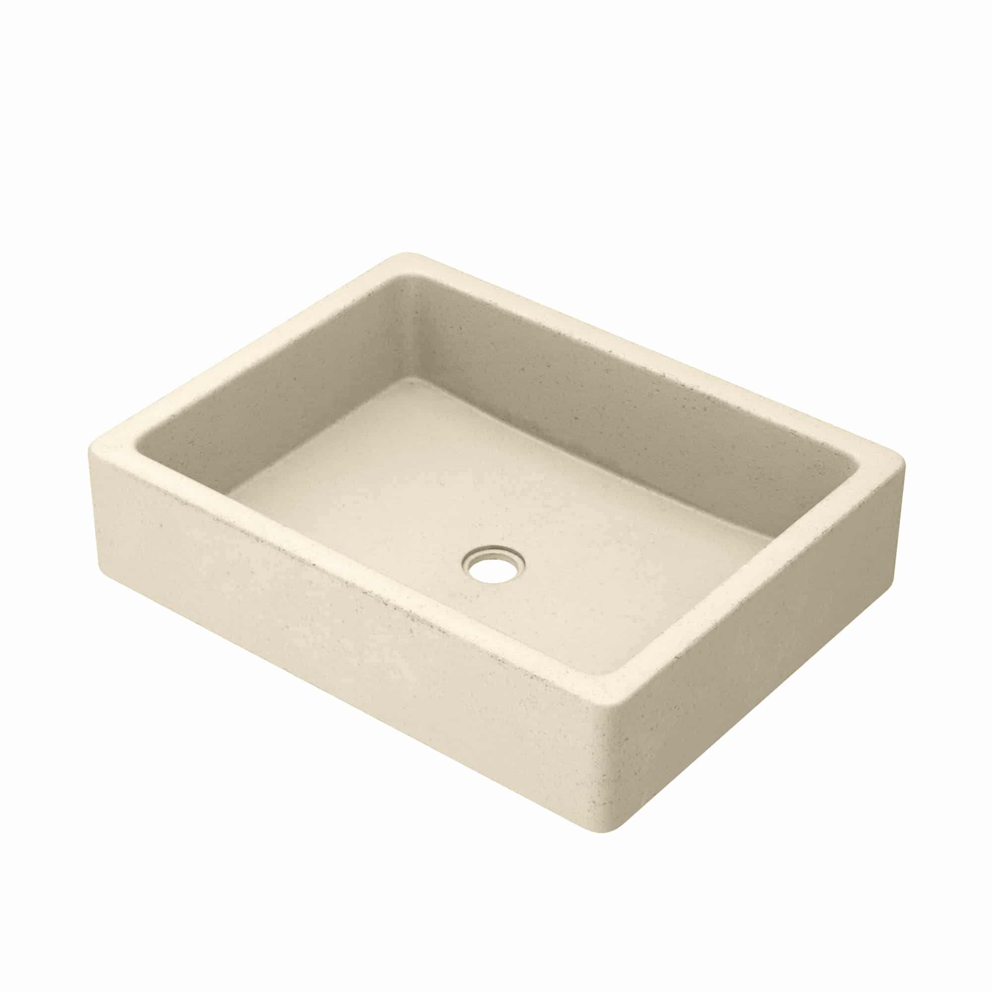 Rectangular sand-colored concrete sink with rounded edges and single drain hole.