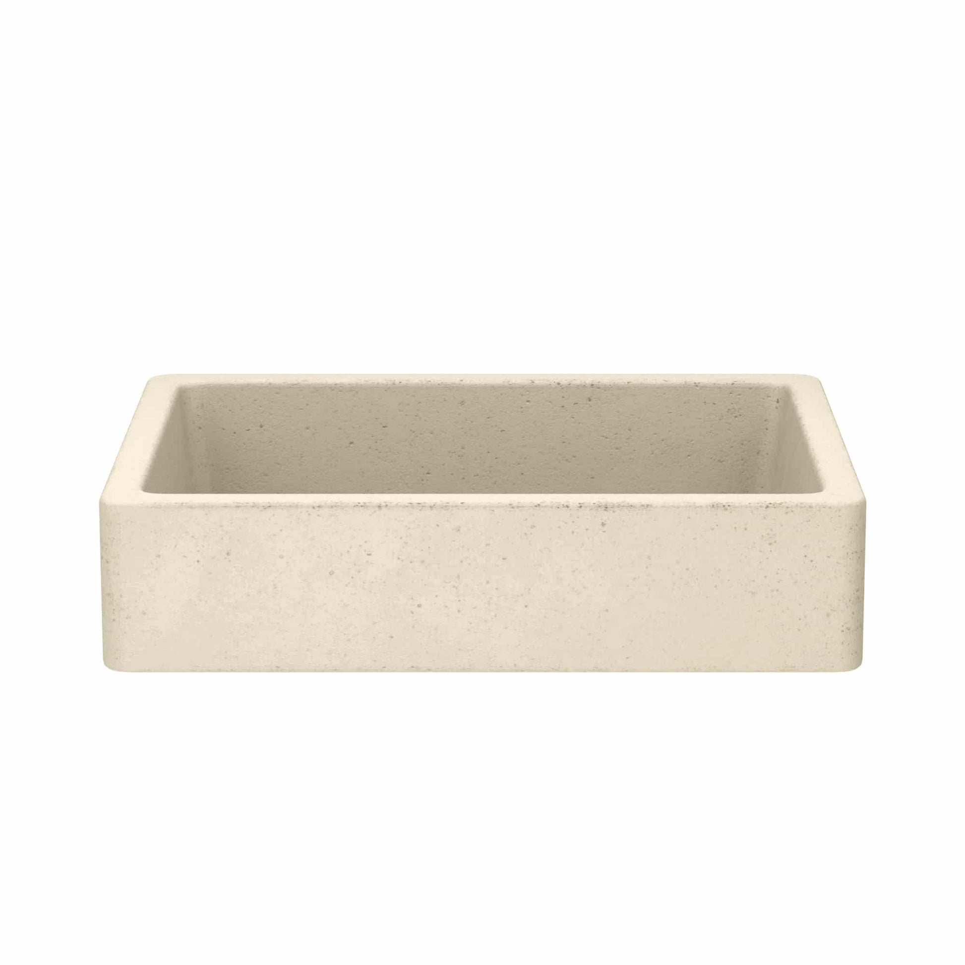 Sand-colored rectangular concrete farmhouse sink with smooth interior and speckled exterior finish.