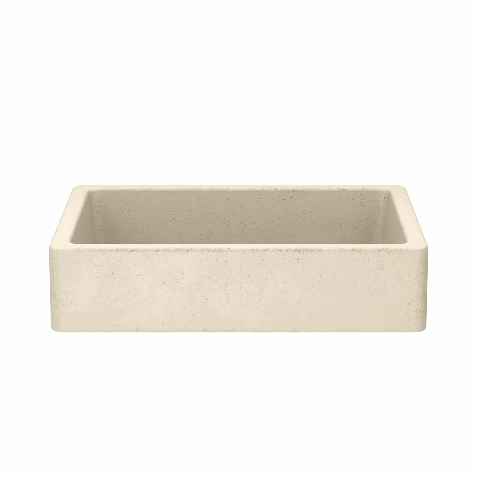 Sand-colored rectangular concrete farmhouse sink with smooth interior and speckled exterior finish.