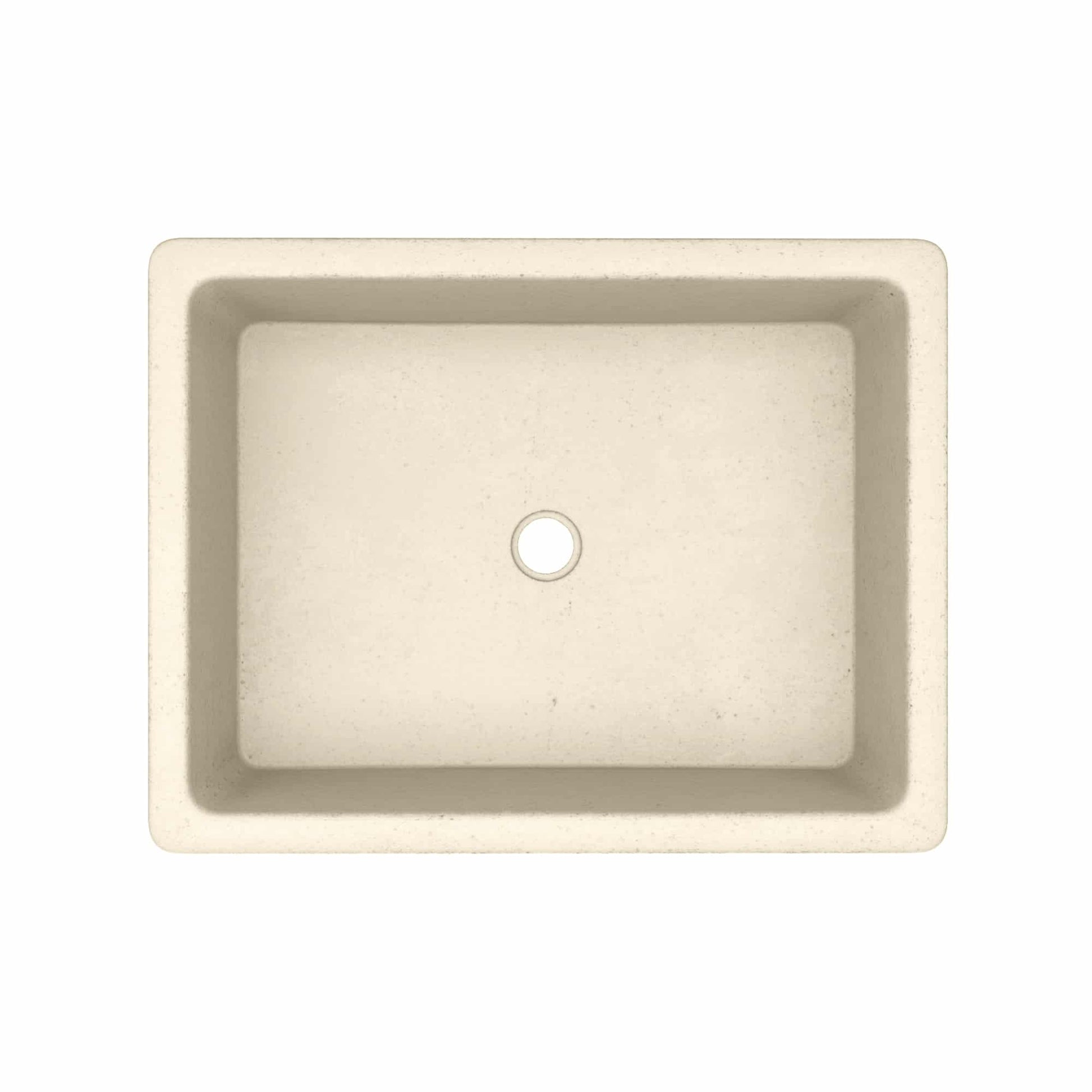 Sand-colored rectangular undermount sink with single faucet hole, viewed from above.