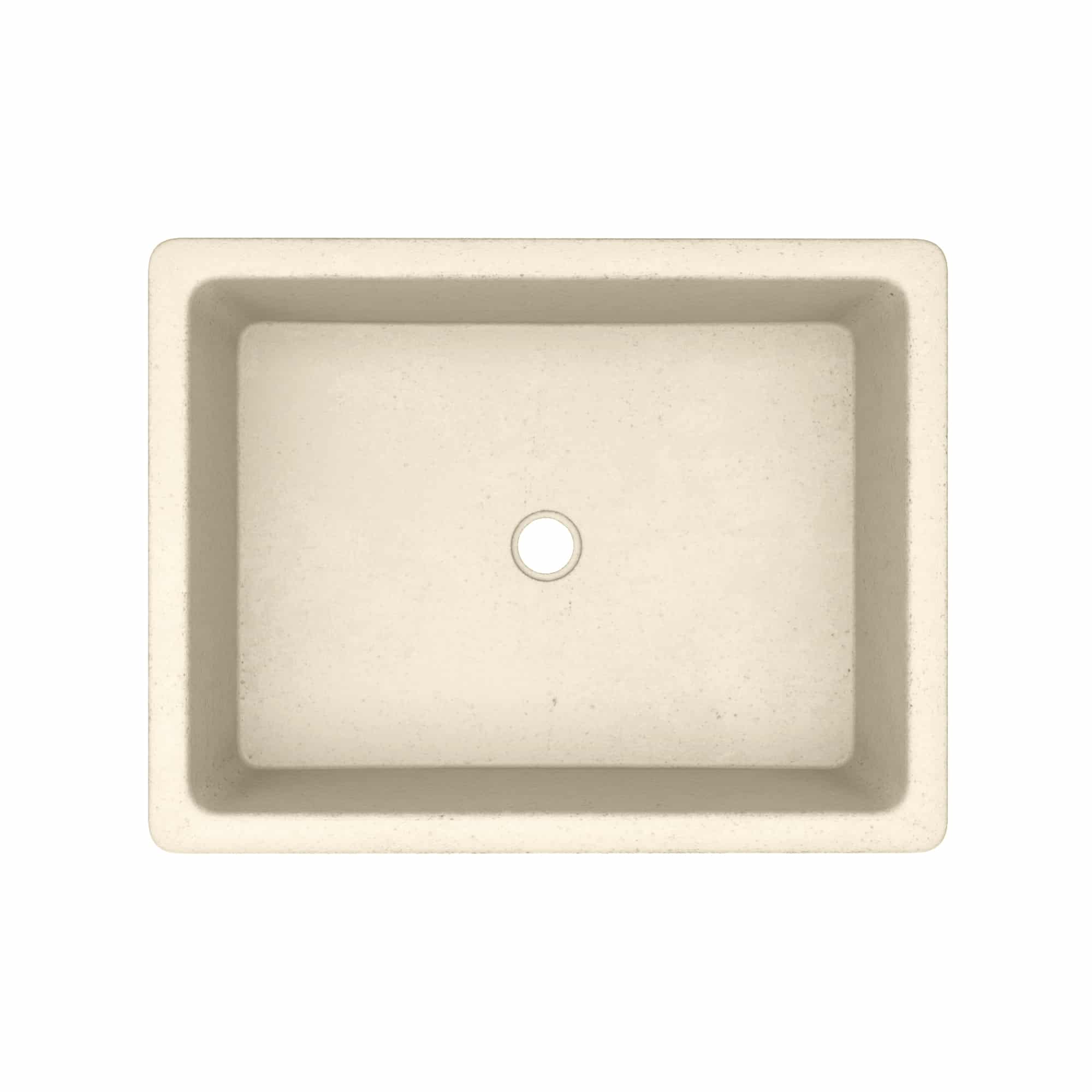 Sand-colored rectangular undermount sink with single faucet hole, viewed from above.