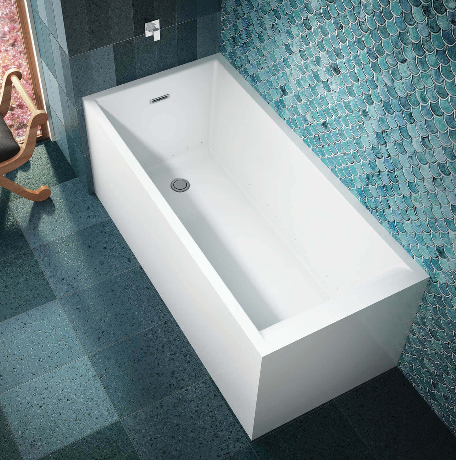 White rectangular freestanding bathtub with jet controls and drain visible, positioned in tiled bathroom.