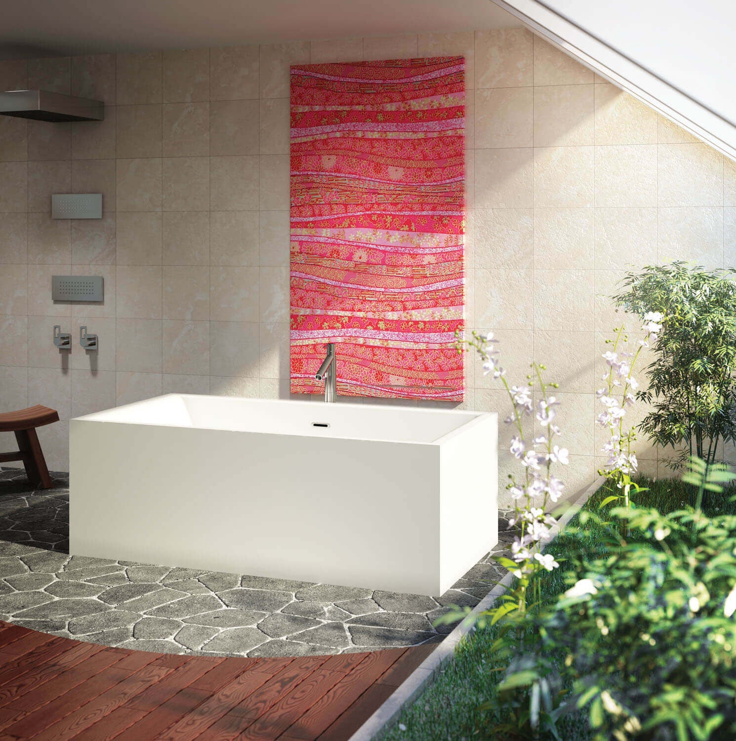 White rectangular freestanding soaker bathtub with clean lines in a modern bathroom setting.