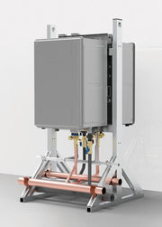 Noritz floor-standing manifold kit with dual tankless water heater units, copper piping, and white metal frame base.