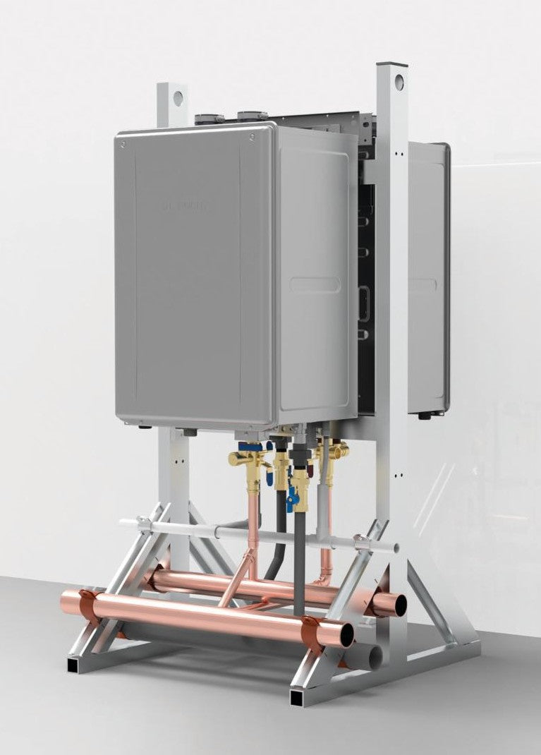 Noritz floor-standing manifold kit with dual tankless water heater units, copper piping, and white metal frame base.