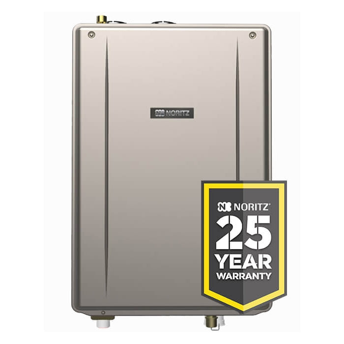 Noritz stainless steel tankless water heater unit with brass fittings and 25-year warranty badge.