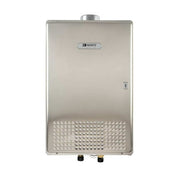 Noritz stainless steel tankless water heater with perforated lower panel, top outlet, and control interface.