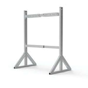 Silver metal rack frame with horizontal support bars and triangular leg braces for mounting tankless water heaters.