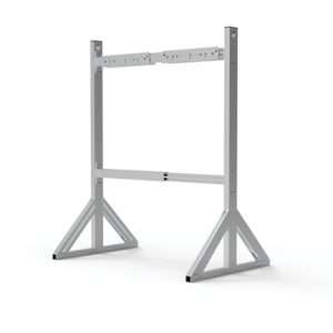 Silver metal rack frame with horizontal support bars and triangular leg braces for mounting tankless water heaters.