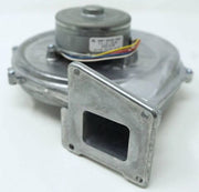 Cylindrical fan motor with colored wire leads mounted on gray metal housing with rectangular intake opening.