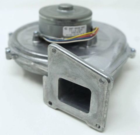 Cylindrical fan motor with colored wire leads mounted on gray metal housing with rectangular intake opening.