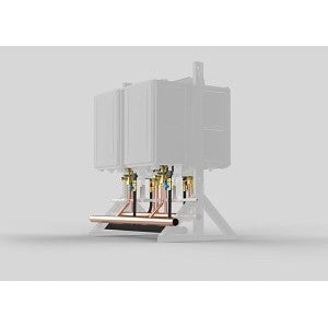 Brass manifold base with multiple valve connections and mounting plate for commercial water heater system.