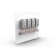Four stainless steel water heater units mounted on horizontal metal rail with connecting pipes and fittings.