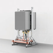 Stainless steel wall-mounted manifold kit with dual gray water heater units, copper piping, and metal support frame with moun